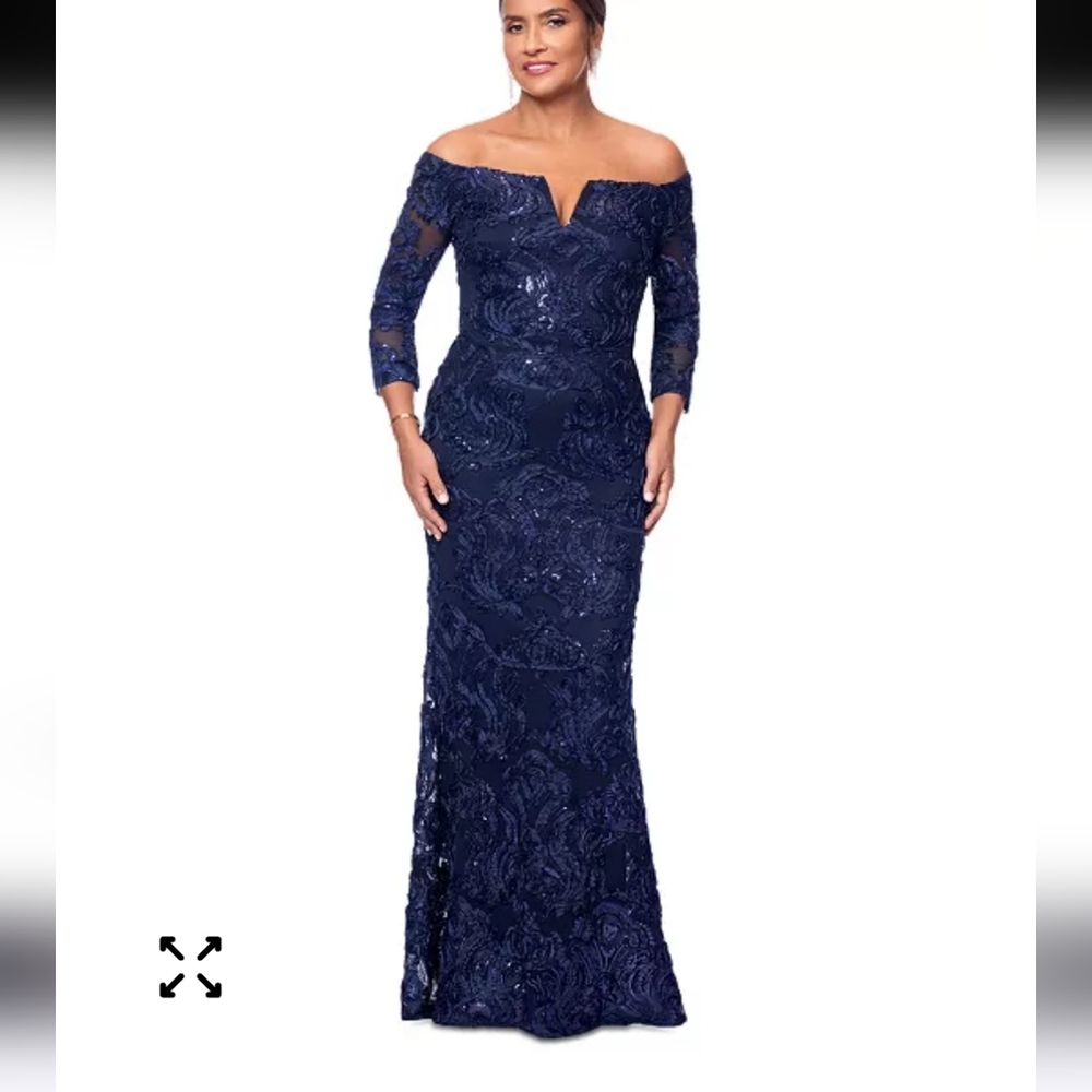 Nwt Xscape Navy Sequin Lace Gown Size 6 3d Floral Formal Evening Maxi Dress